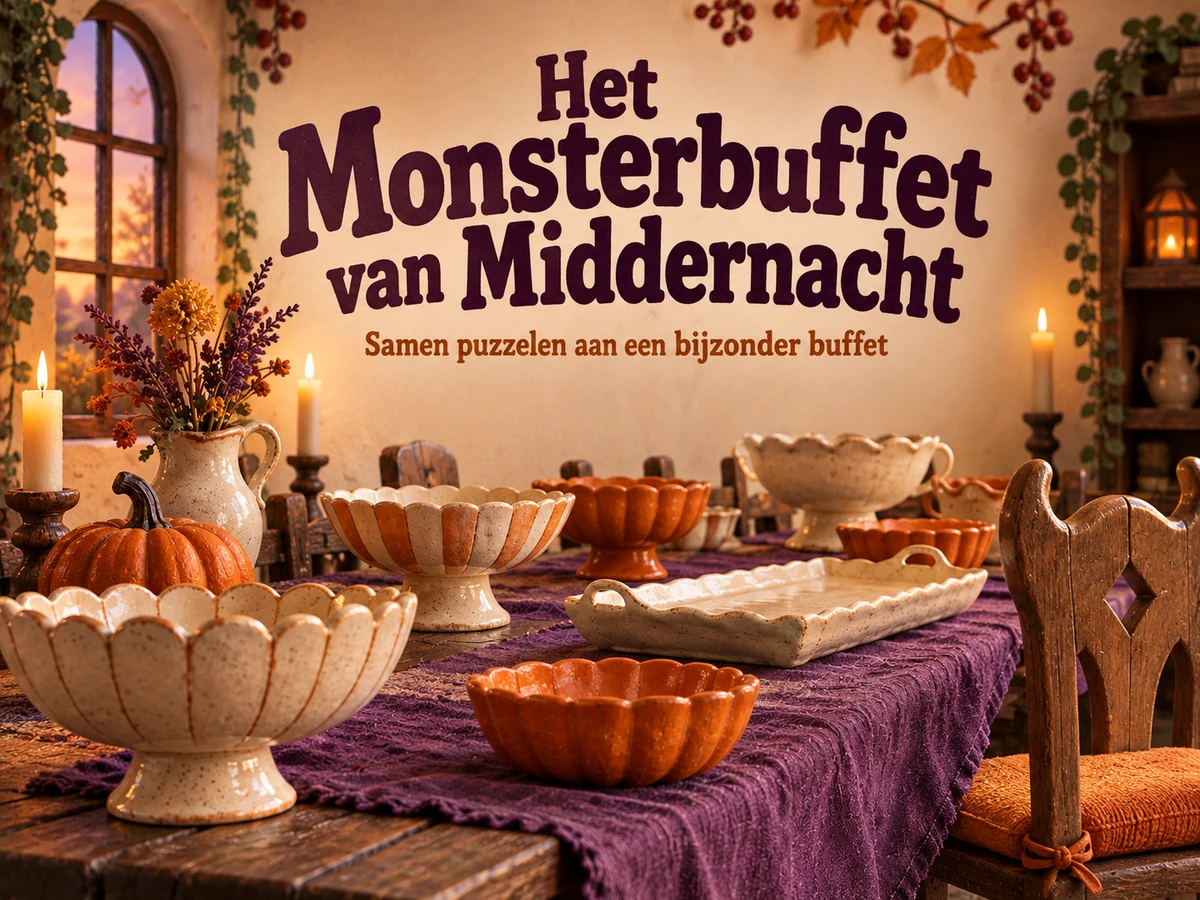 Het Monsterbuffet van Middernacht: een warm buffet met lege keramische schalen en paarse tafelloper.
