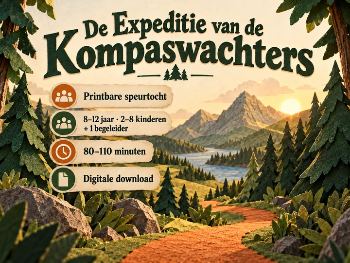 De Expeditie van de Kompaswachters: een handgemaakt papieren boslandschap met een oranje pad. Printbaar speurtochtspel als digitale download.