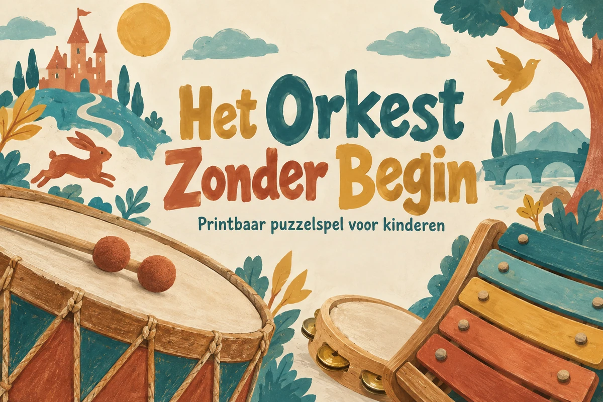 Het Orkest Zonder Begin: geschilderde trom, tamboerijn en xylofoon rond de titel van het printbare kinderspel.