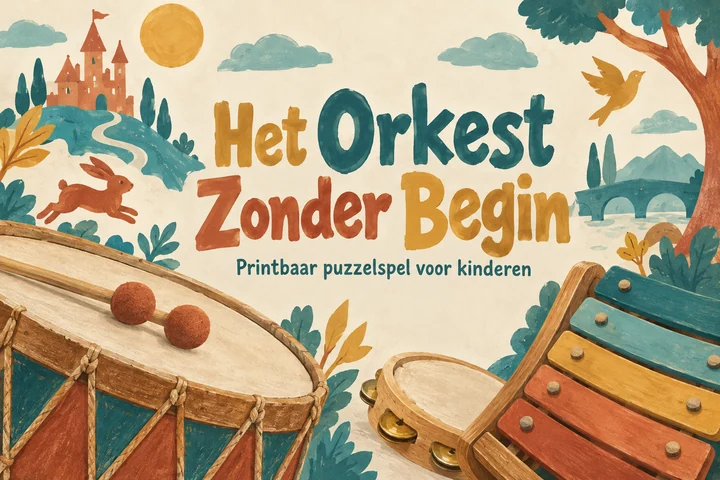 Het Orkest Zonder Begin: geschilderde trom, tamboerijn en xylofoon rond de titel van het printbare kinderspel.