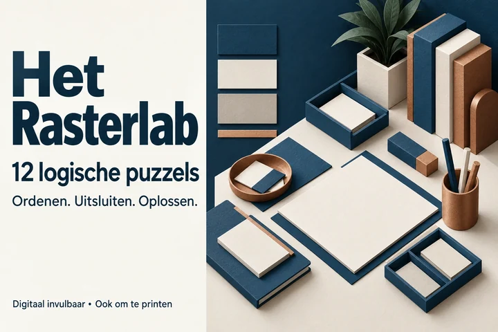 Het Rasterlab: twaalf logische puzzels, verbeeld met isometrisch papierreliëf in petroleumblauw en koper.