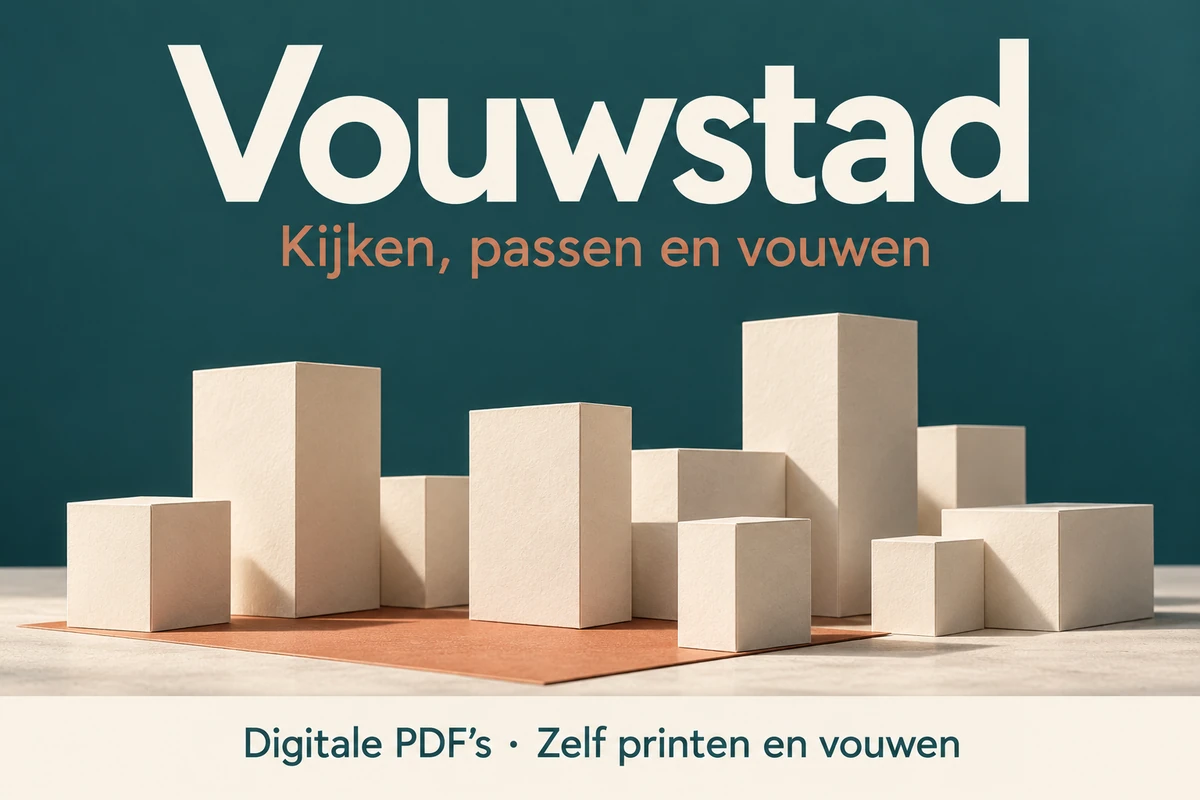 Vouwstad: ruimtelijke puzzels met eenvoudige papieren gebouwen, als digitaal pakket om zelf te printen en vouwen.