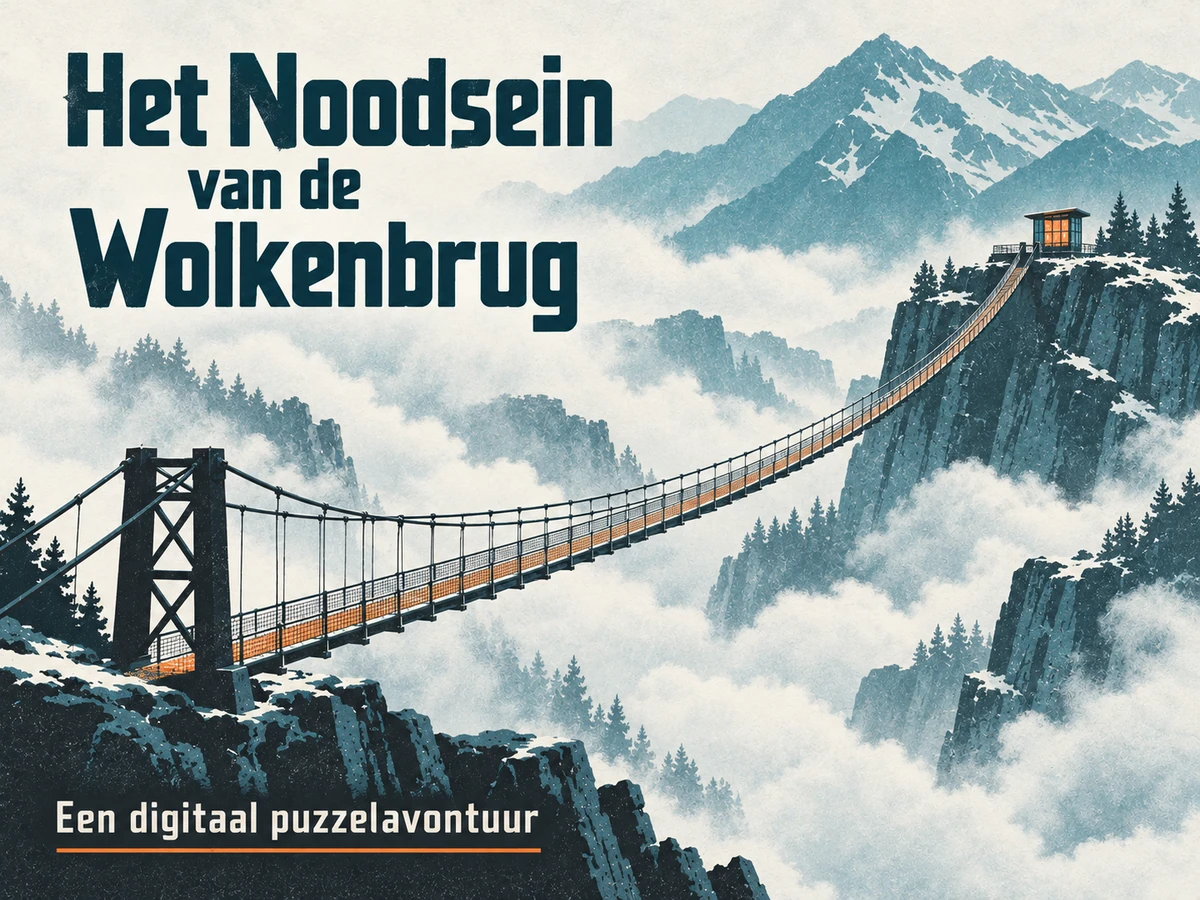 Hoofdbeeld van Het Noodsein van de Wolkenbrug als grafische zeefdruk van een brug in de mist.