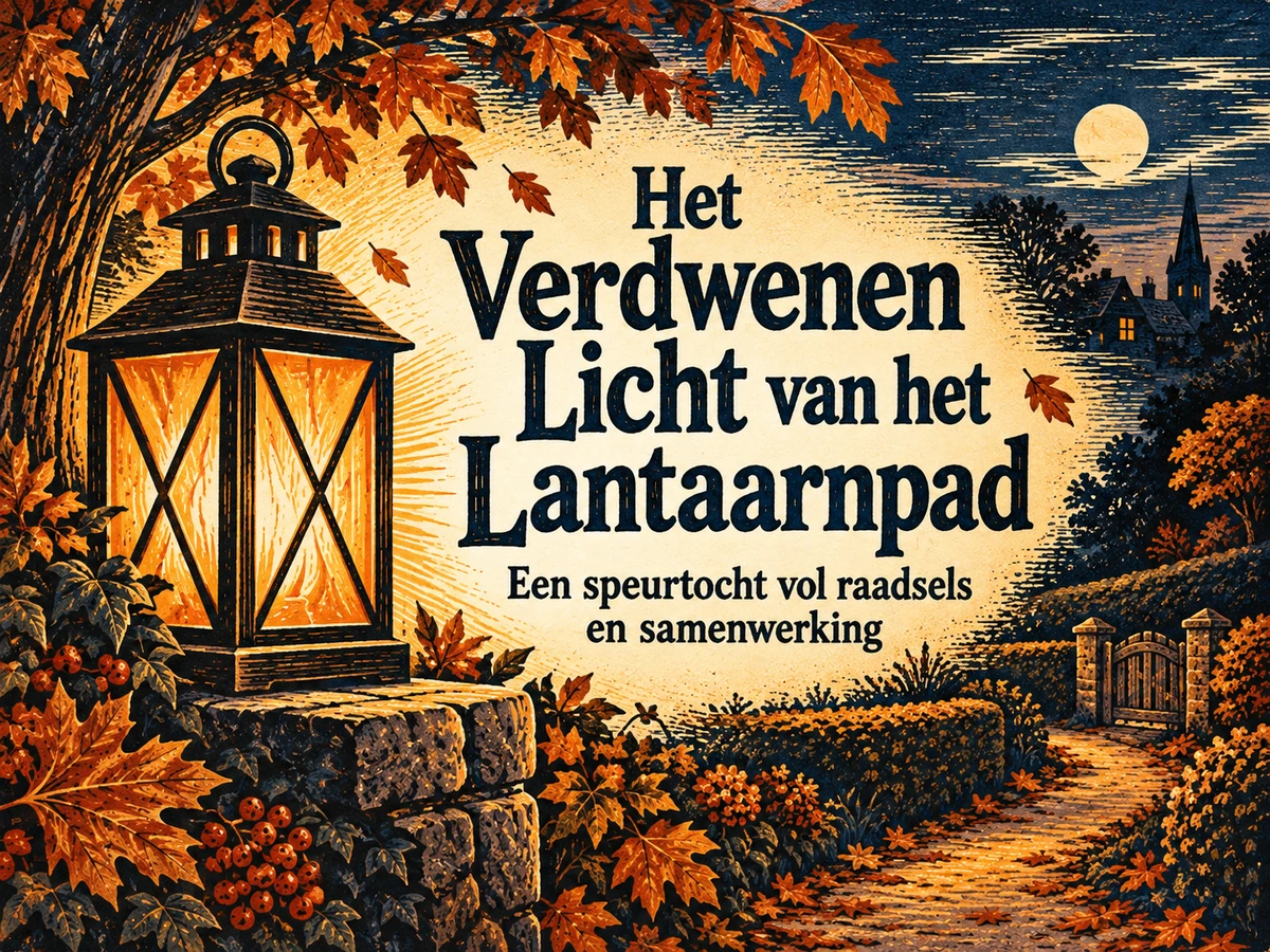 Het Verdwenen Licht van het Lantaarnpad, een speurtocht in warme houtsnedestijl met een grote lantaarn.