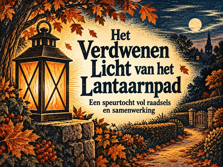 Het Verdwenen Licht van het Lantaarnpad, een speurtocht in warme houtsnedestijl met een grote lantaarn.