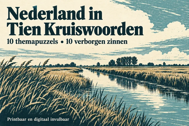 Nederland in Tien Kruiswoorden met een polderlandschap in blauwgroene linodruk en tien verborgen zinnen.