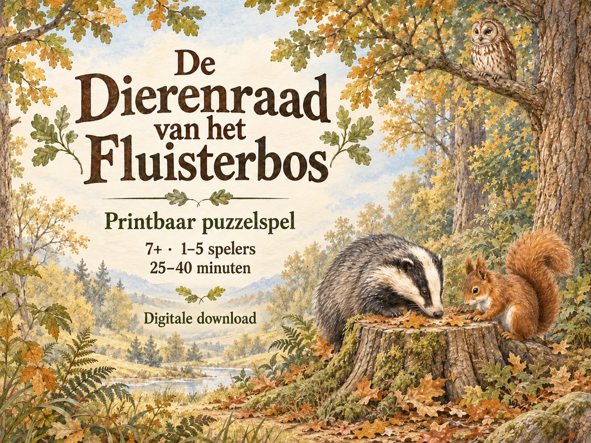 De Dierenraad van het Fluisterbos: bosdieren bij een boomstronk in potlood en aquarel. Printbaar puzzelspel als digitale download.