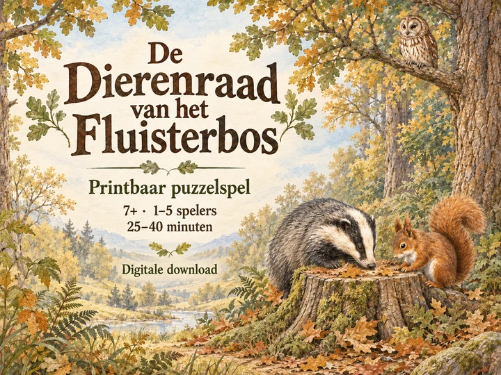 De Dierenraad van het Fluisterbos: bosdieren bij een boomstronk in potlood en aquarel. Printbaar puzzelspel als digitale download.