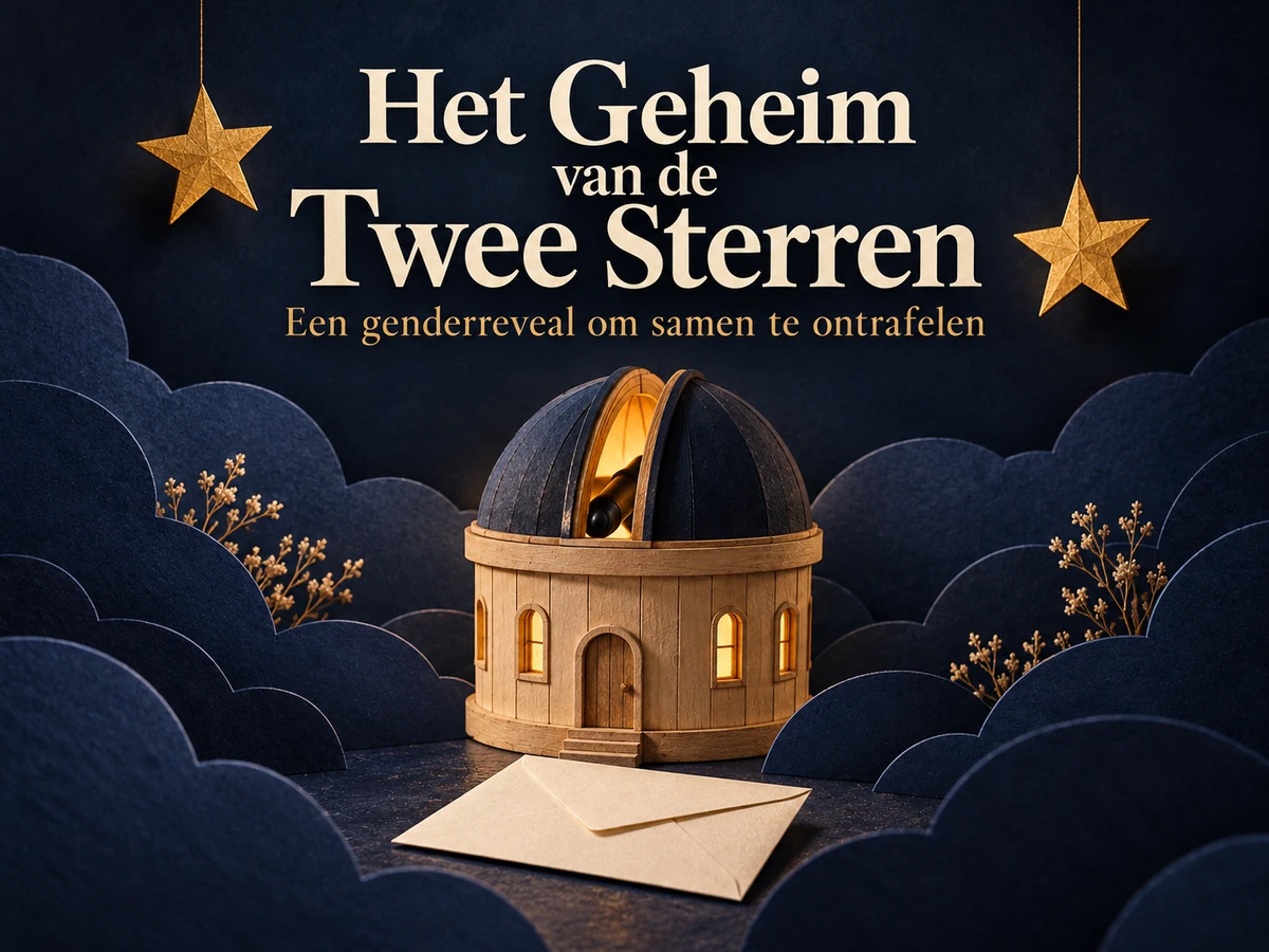 Het Geheim van de Twee Sterren: een genderrevealspel met een houten observatorium en twee gouden sterren.