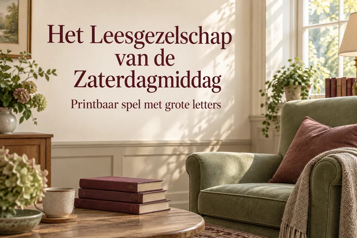 Het Leesgezelschap van de Zaterdagmiddag: een lichte leeshoek met boeken en de titel van het spel met grote letters.