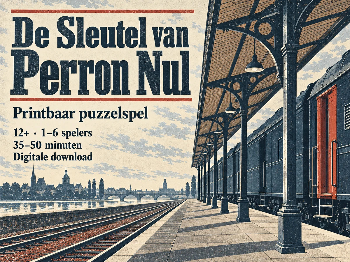 De Sleutel van Perron Nul: een posttrein aan een leeg perron in zeefdrukstijl. Printbaar puzzelspel als digitale download.