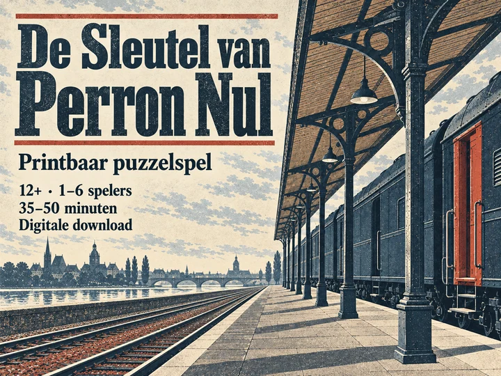 De Sleutel van Perron Nul: een posttrein aan een leeg perron in zeefdrukstijl. Printbaar puzzelspel als digitale download.