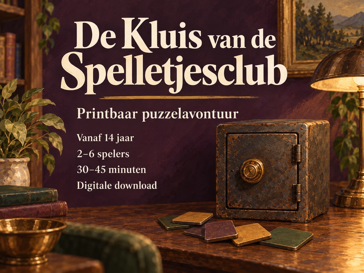 De Kluis van de Spelletjesclub: printbaar puzzelavontuur voor 2 tot 6 spelers.