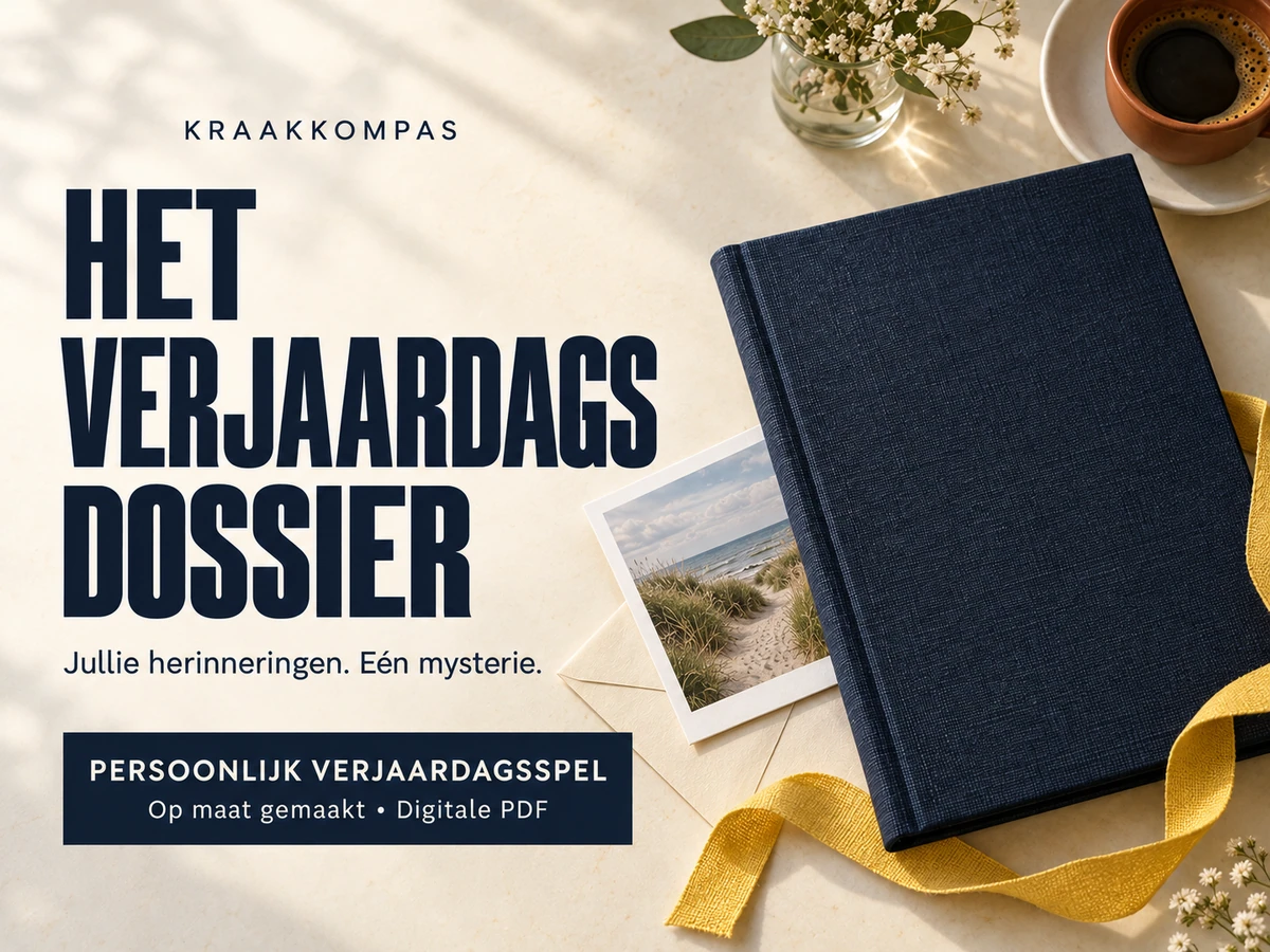 Het Verjaardagsdossier: persoonlijk verjaardagsspel op maat als digitale PDF, met een blauwe dossiermap en bewaarde herinneringen.