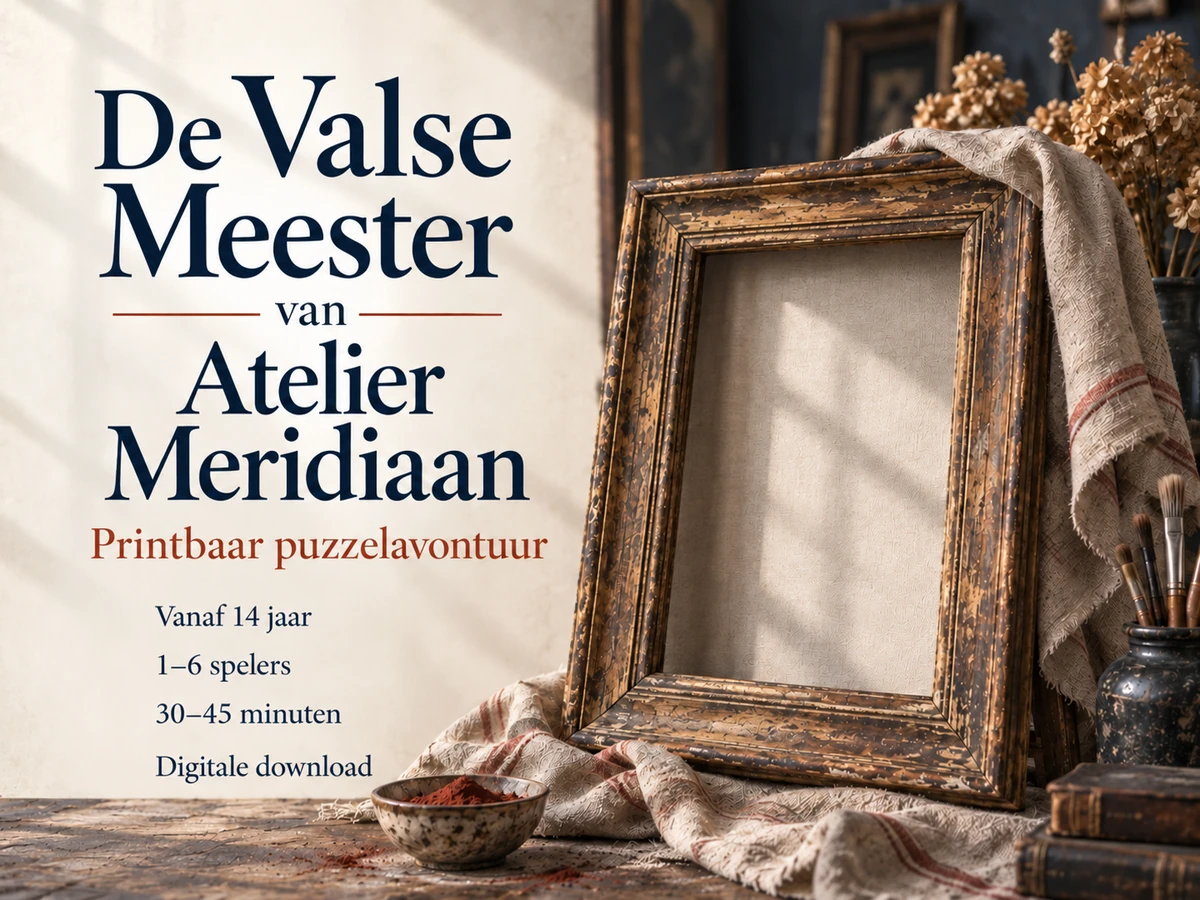 De Valse Meester van Atelier Meridiaan: printbaar puzzelavontuur voor 1 tot 6 spelers.