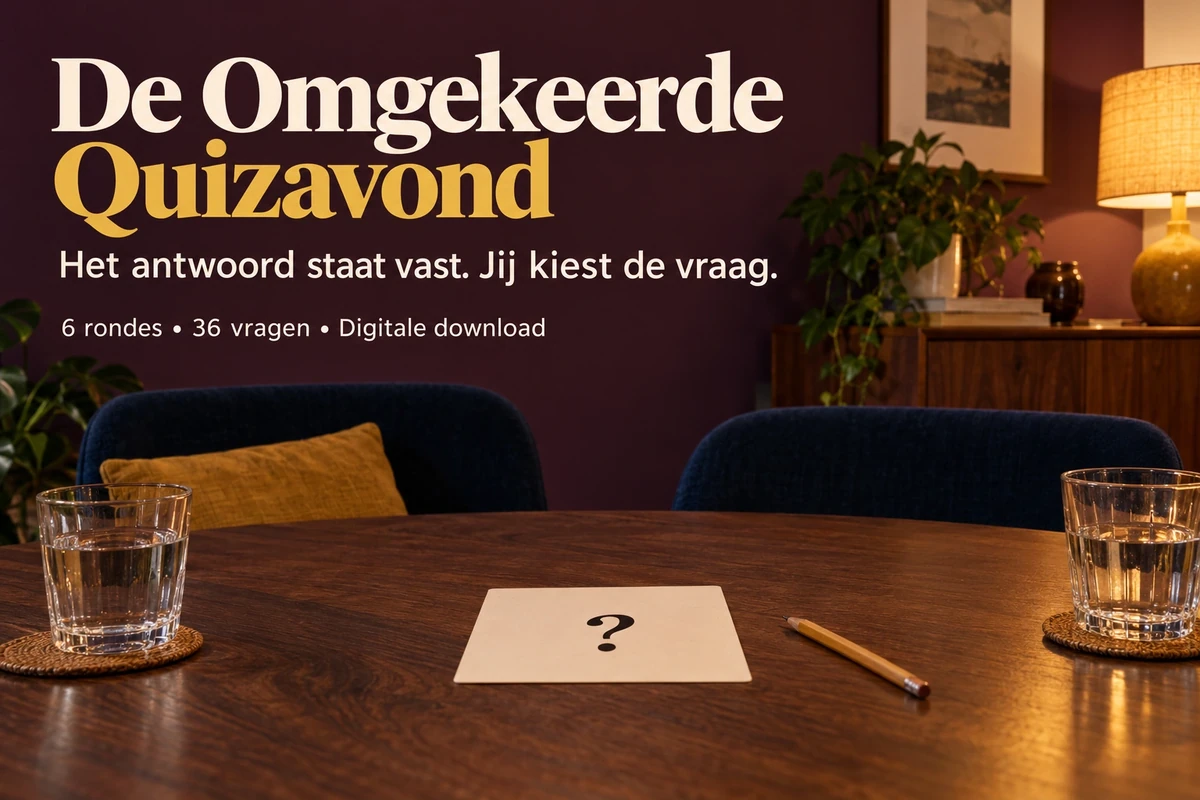 De Omgekeerde Quizavond in een warme huiselijke eethoek: het antwoord staat vast en jij kiest de vraag.