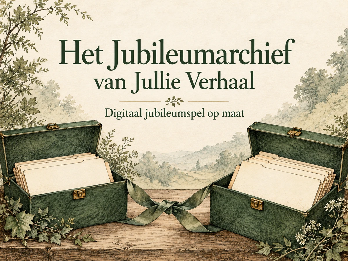 Geïllustreerde groene archiefkoffers met de titel Het Jubileumarchief van Jullie Verhaal.