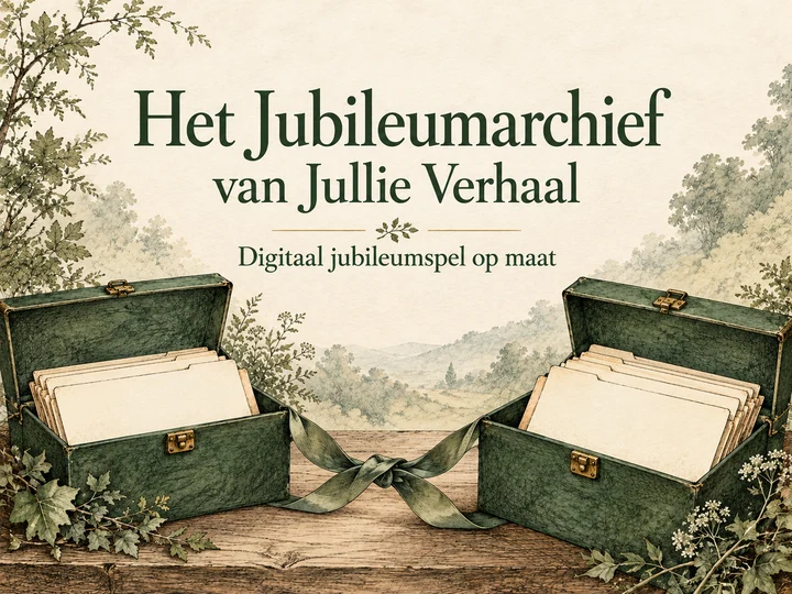 Geïllustreerde groene archiefkoffers met de titel Het Jubileumarchief van Jullie Verhaal.