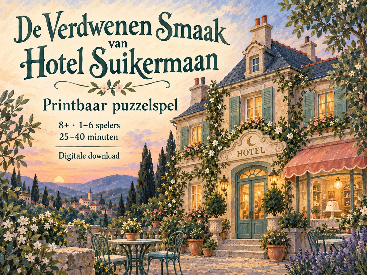 De Verdwenen Smaak van Hotel Suikermaan: een geschilderd hotel in celadon en koraal. Printbaar puzzelspel als digitale download.