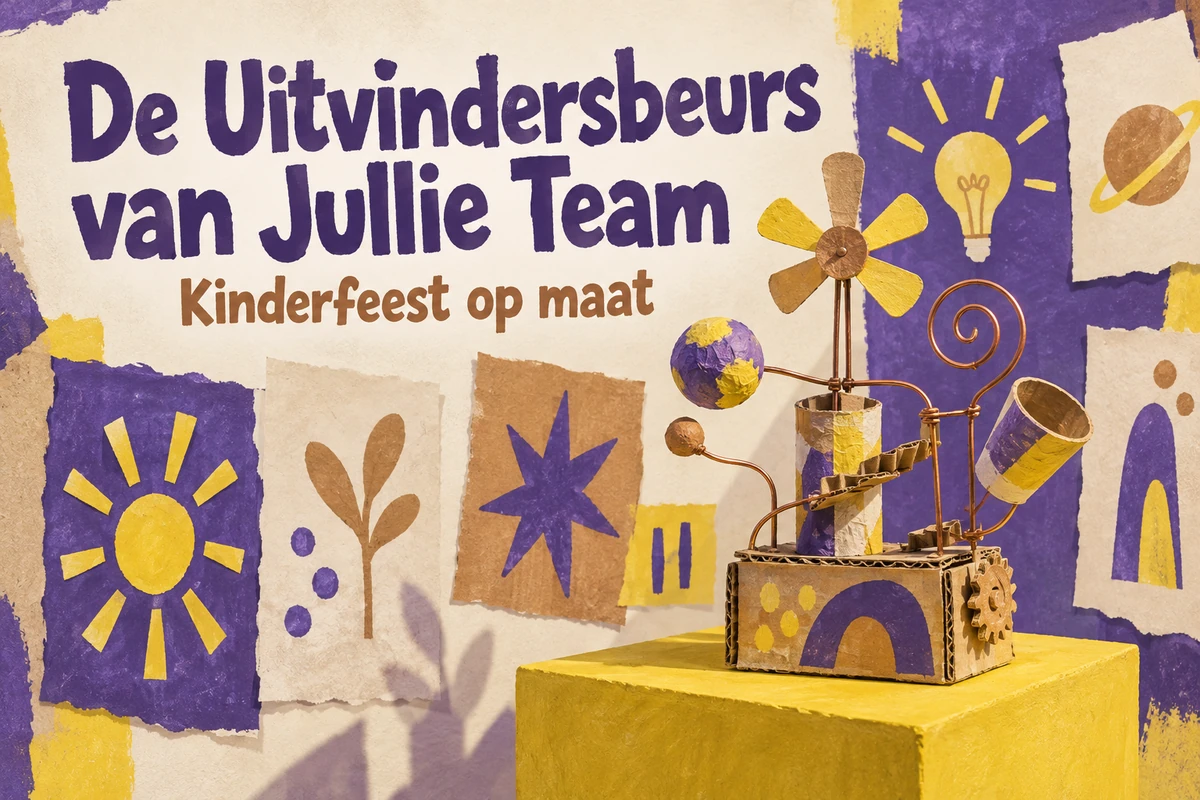 De Uitvindersbeurs van Jullie Team: een kleurrijke kartonnen uitvinding met de titel van het kinderfeest op maat.