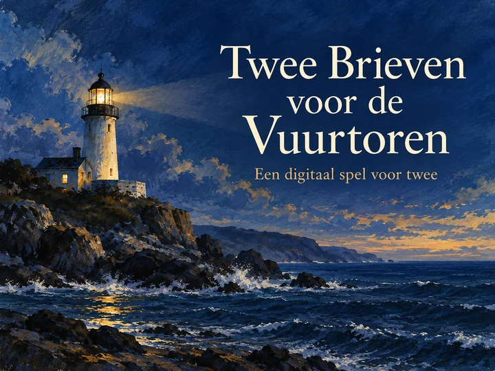 Hoofdbeeld van Twee Brieven voor de Vuurtoren in geschilderd nachtblauw met warm vuurtorenlicht.