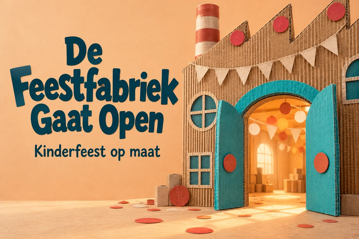 De Feestfabriek Gaat Open: een open kartonnen fabriekspoort met de titel van het kinderfeest op maat.