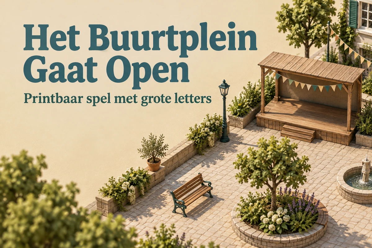 Het Buurtplein Gaat Open: een zonnige pleinmaquette met bank en podium naast de titel van het spel met grote letters.