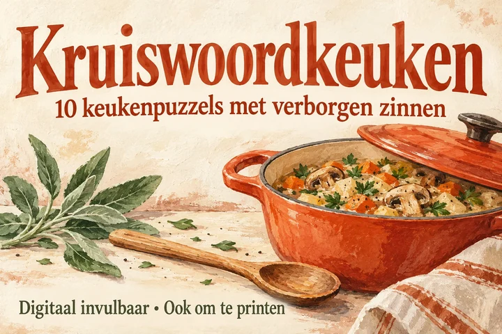 Kruiswoordkeuken: tien keukenpuzzels met verborgen zinnen, vormgegeven als een warme gouache-illustratie.