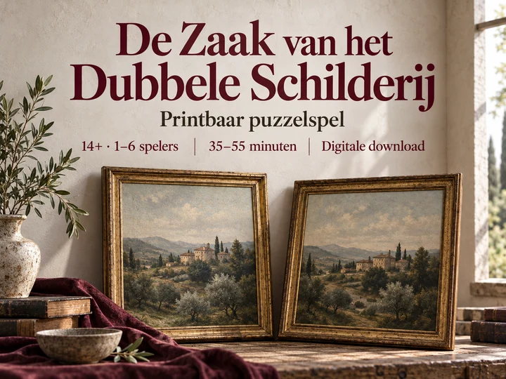 De Zaak van het Dubbele Schilderij: twee landschapsschilderijen in een rustig restauratieatelier. Printbaar puzzelspel als digitale download.