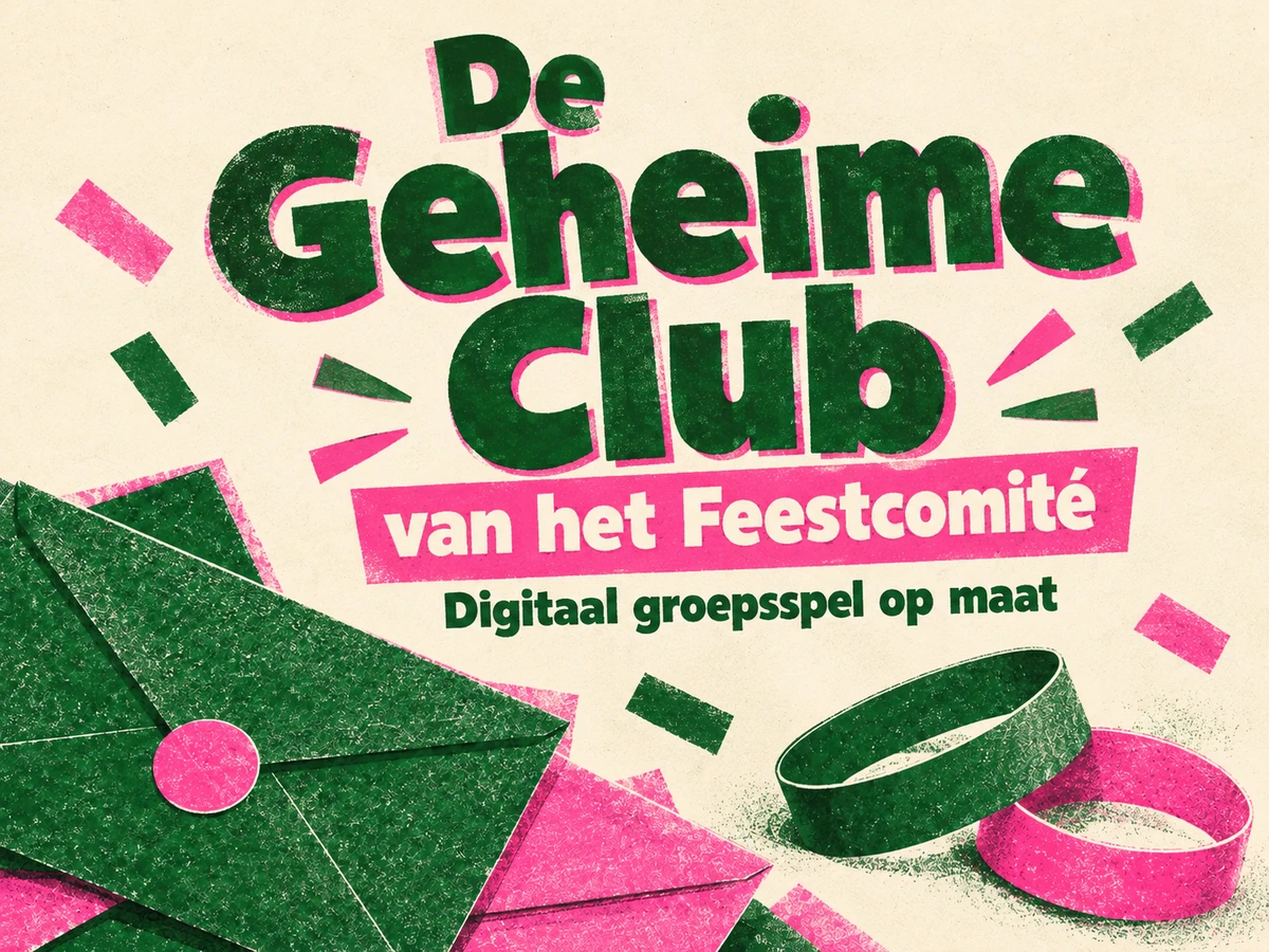 Roze en groene risodruk met clubpost en de titel De Geheime Club van het Feestcomité.