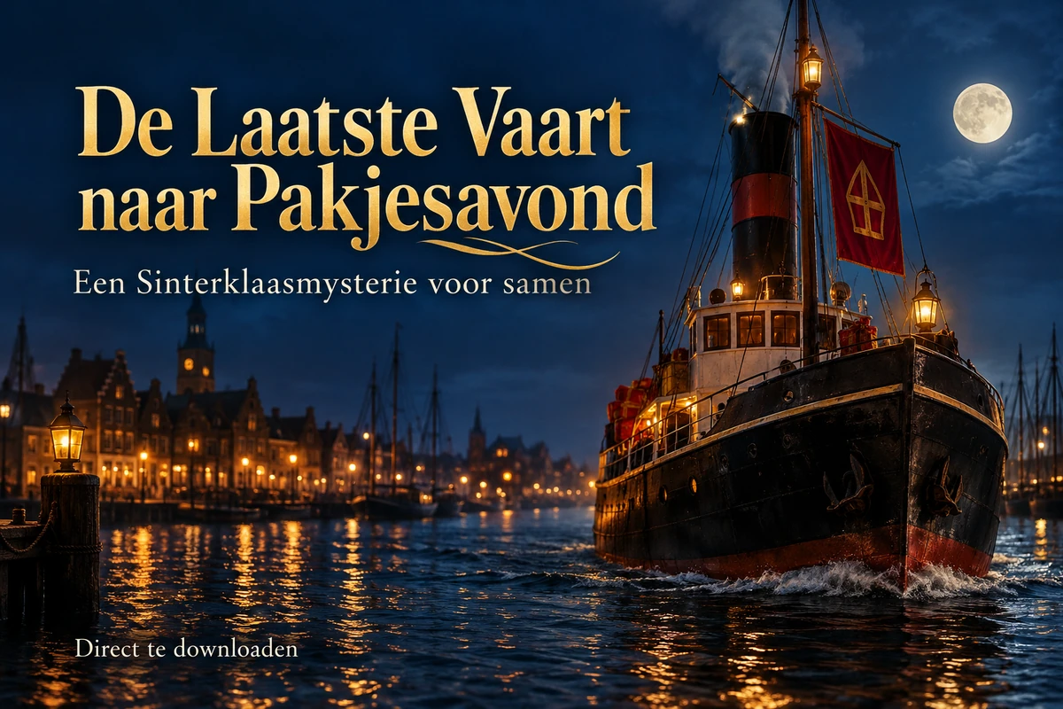 De Laatste Vaart naar Pakjesavond: een verlichte stoomboot in een avondhaven; Sinterklaasmysterie als directe download.