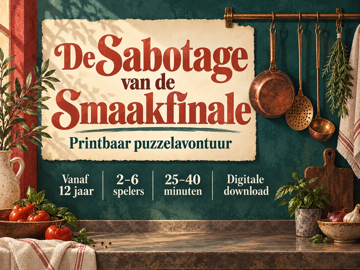 De Sabotage van de Smaakfinale: printbaar puzzelavontuur voor 2 tot 6 spelers.