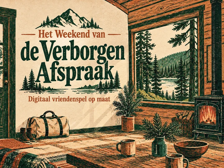 Houtsnede van een warme vakantiewoning met de titel Het Weekend van de Verborgen Afspraak.