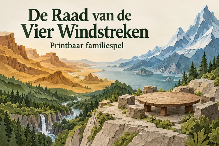 De Raad van de Vier Windstreken: vier papieren landschappen rond een raadtafel, met de titel van het familiespel.