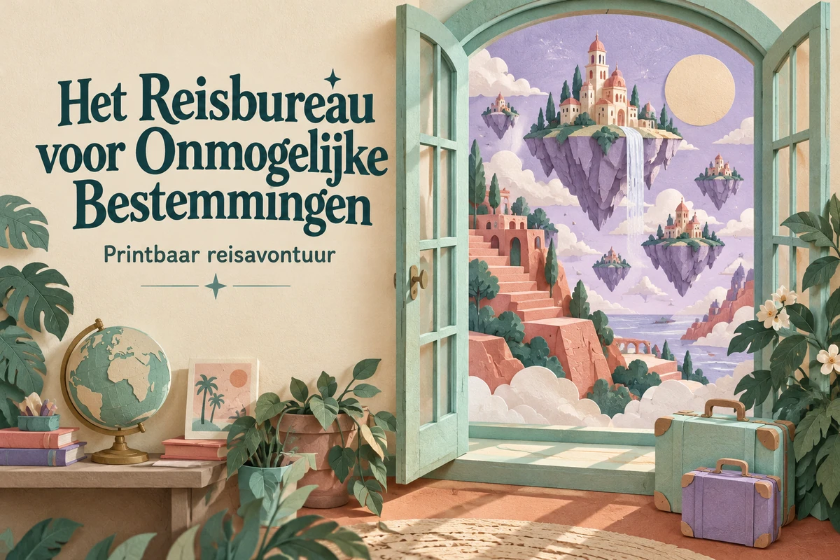 Het Reisbureau voor Onmogelijke Bestemmingen: een papieren loket met uitzicht op zwevende landschappen en de speltitel.