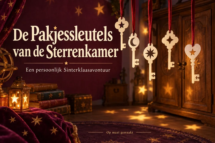 De Pakjessleutels van de Sterrenkamer: vijf hangende sleutels in een warme sterrenkamer; persoonlijk Sinterklaasavontuur op maat.