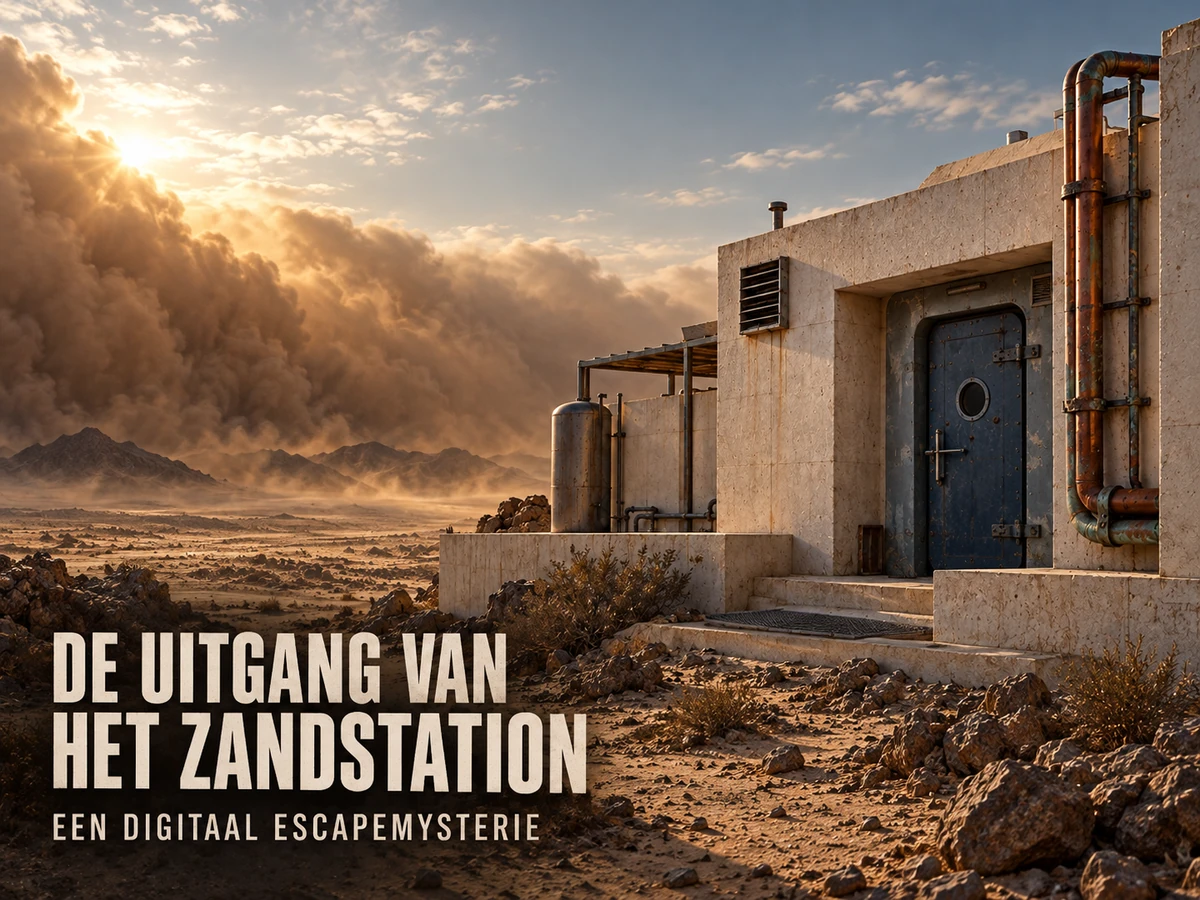 Hoofdbeeld van De Uitgang van het Zandstation met een onderzoeksstation en naderende zandstorm.